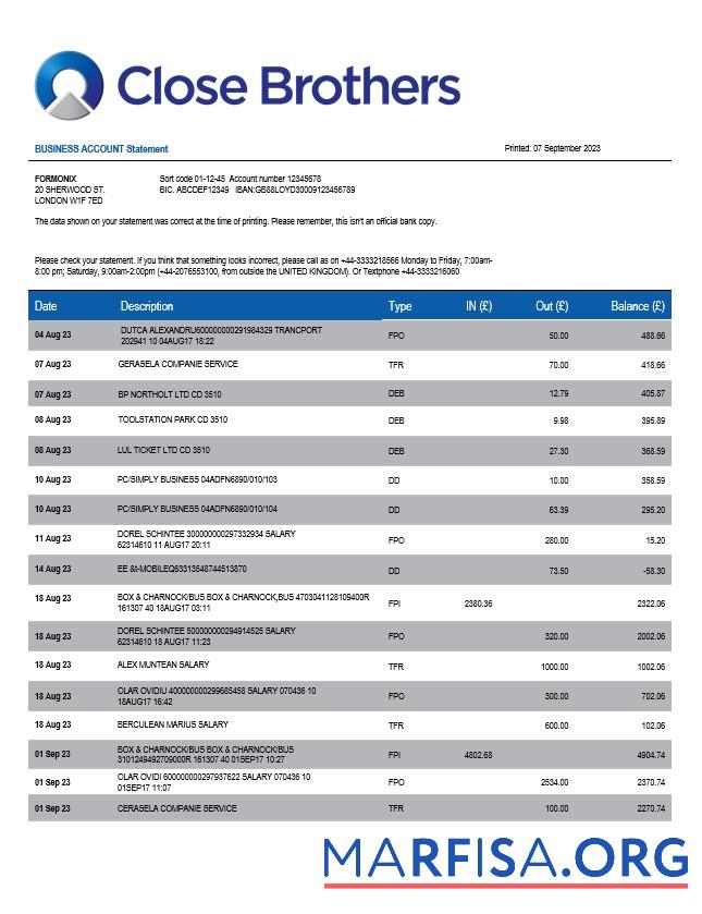Realistic Close Brothers Bank Group company checking account statement Word and PDF template